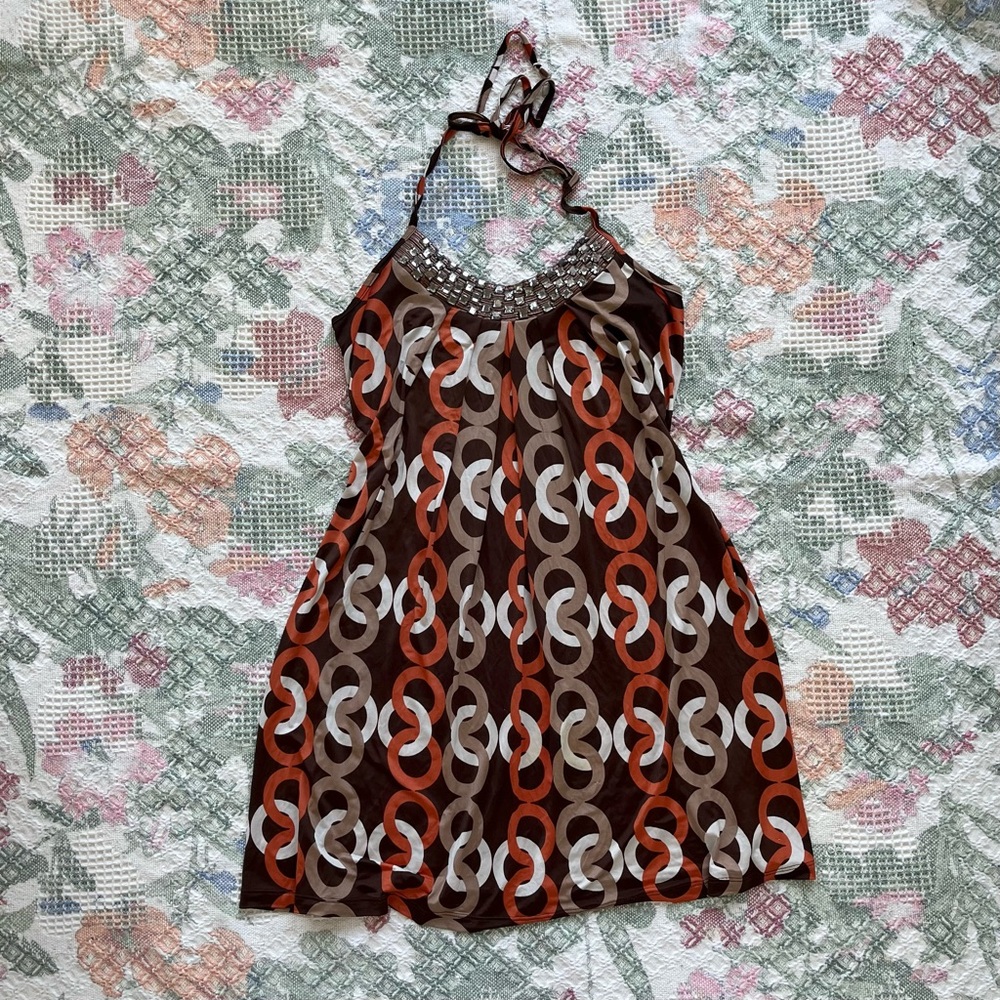 2000s brown and orange halter mini dress/long top